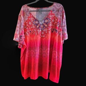 Catherines Bright Coral and Purple Patterned Top With Sparkles.Sz 4X. NWOT.
